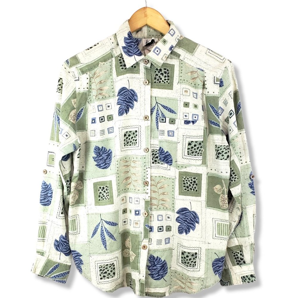 Vintage Tapestry Light-weight Green Nature Patterned Button-up Size Medium